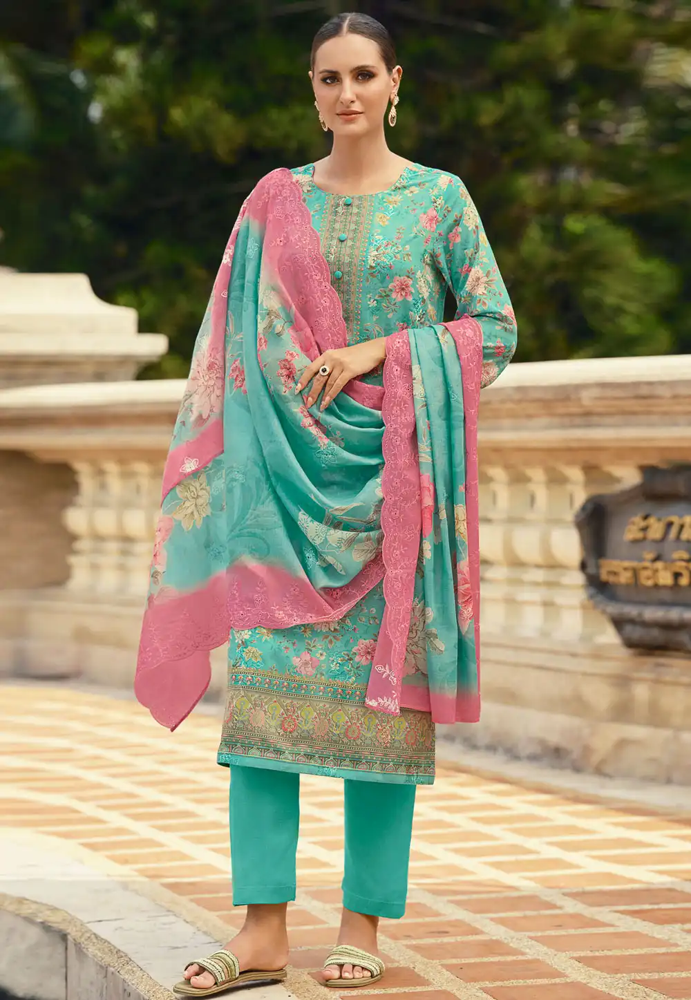 Sea Green Cotton Pakistani Suit 318225