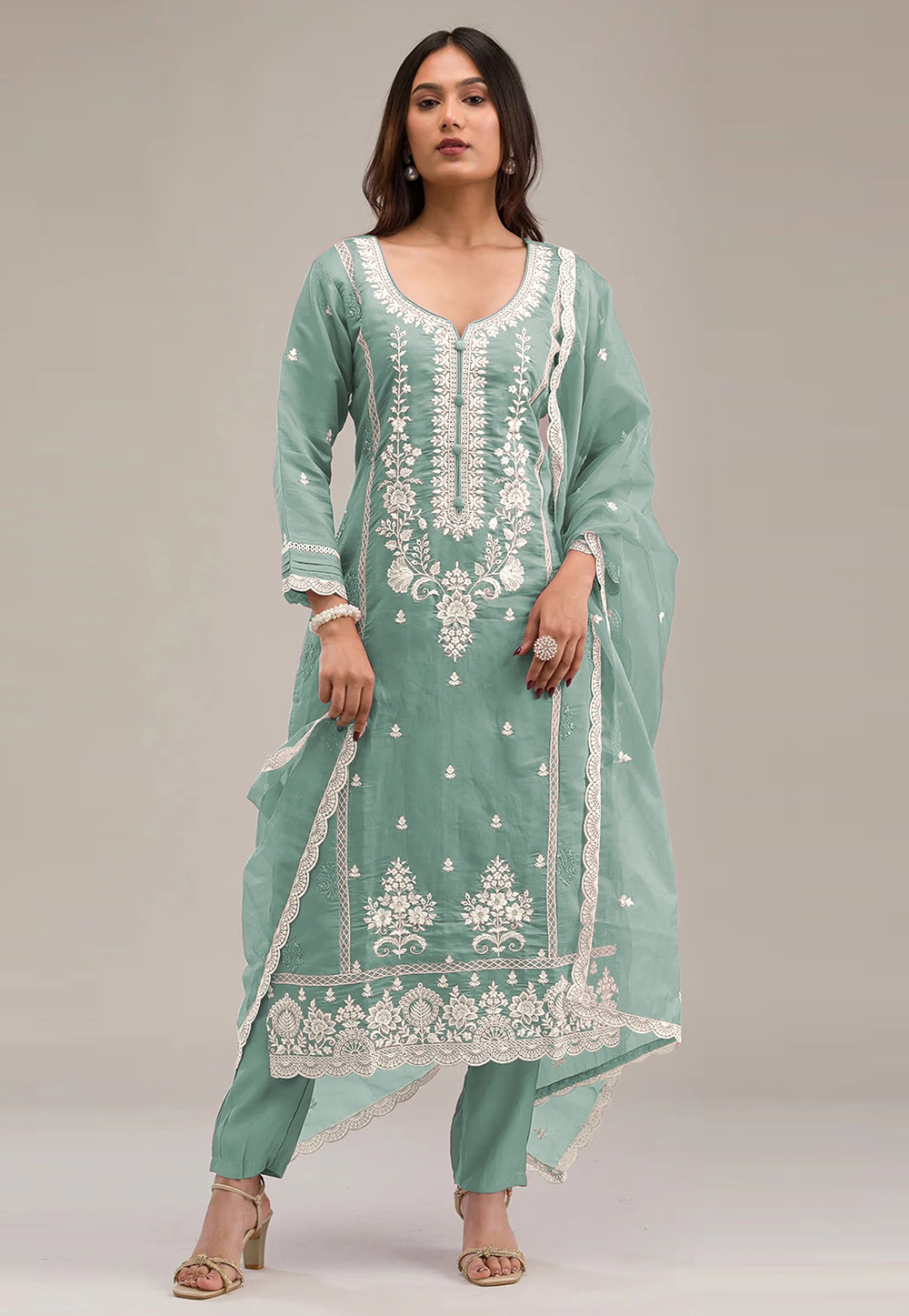Sea Green Cotton Pakistani Suit 306273
