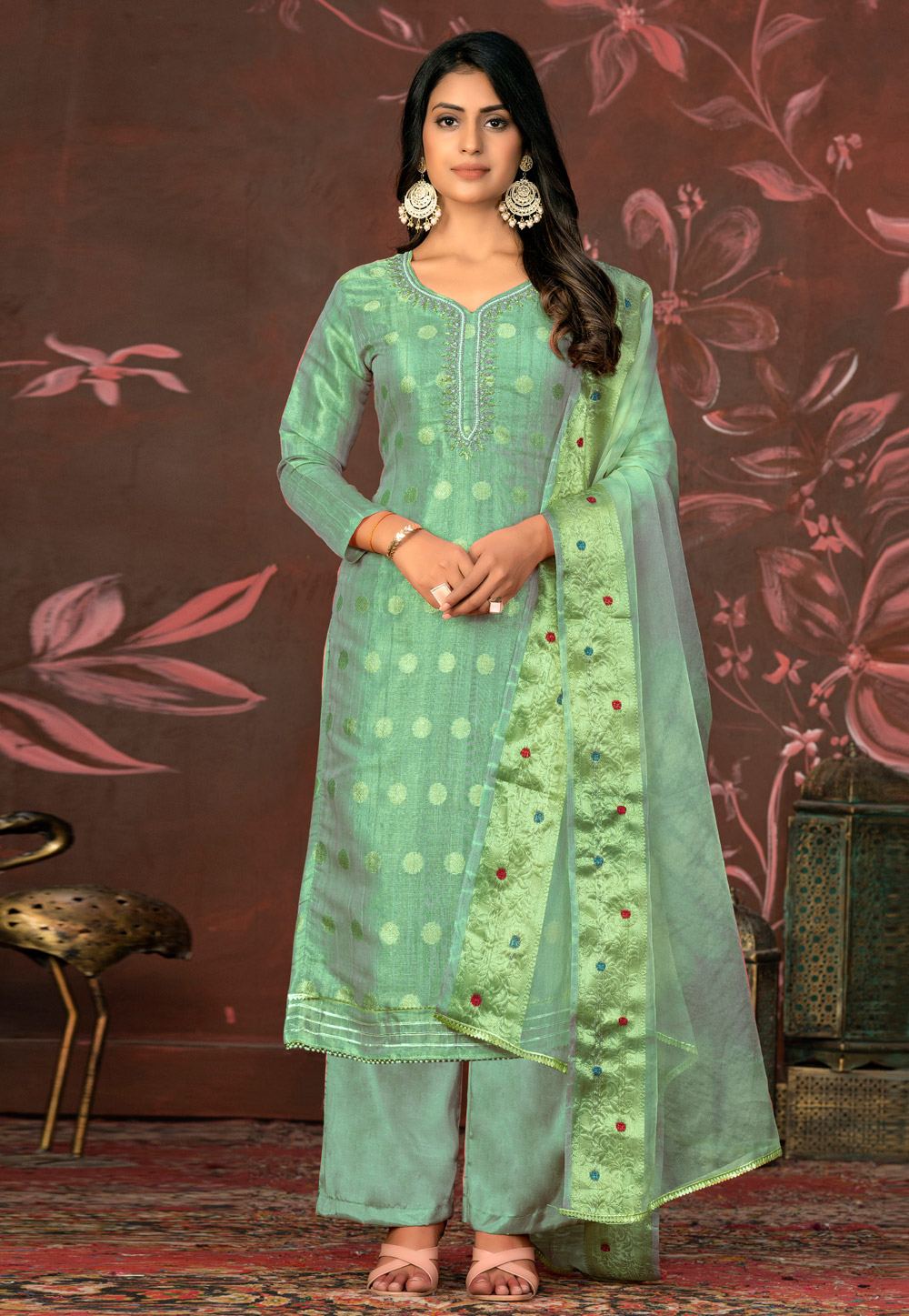 Sea Green Cotton Palazzo Suit 281100