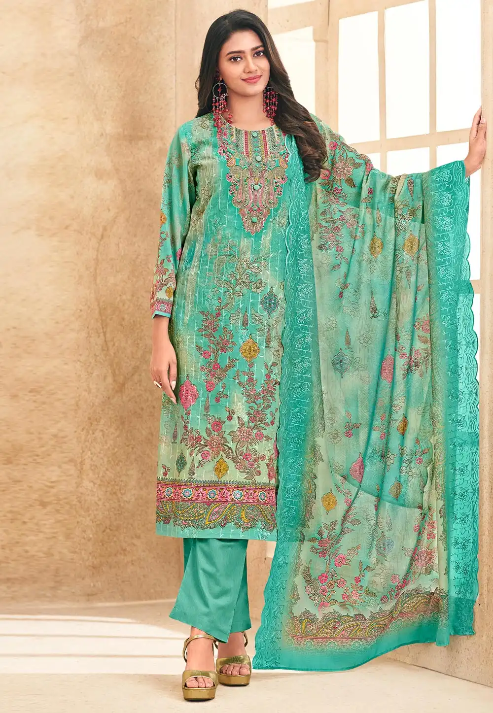 Sea Green Cotton Pant Style Suit 314571