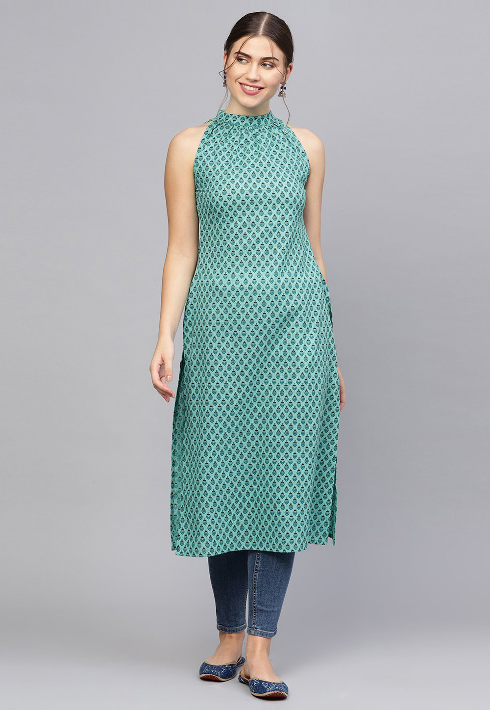 Sea Green Cotton Printed Long Tunic 282673