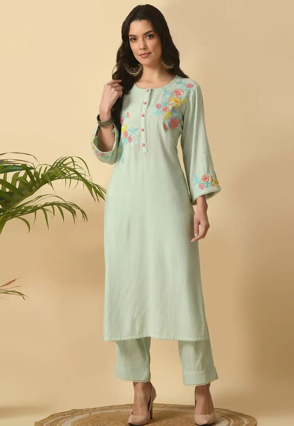 Sea Green Cotton Rayon Kurta Set With Pant 305487