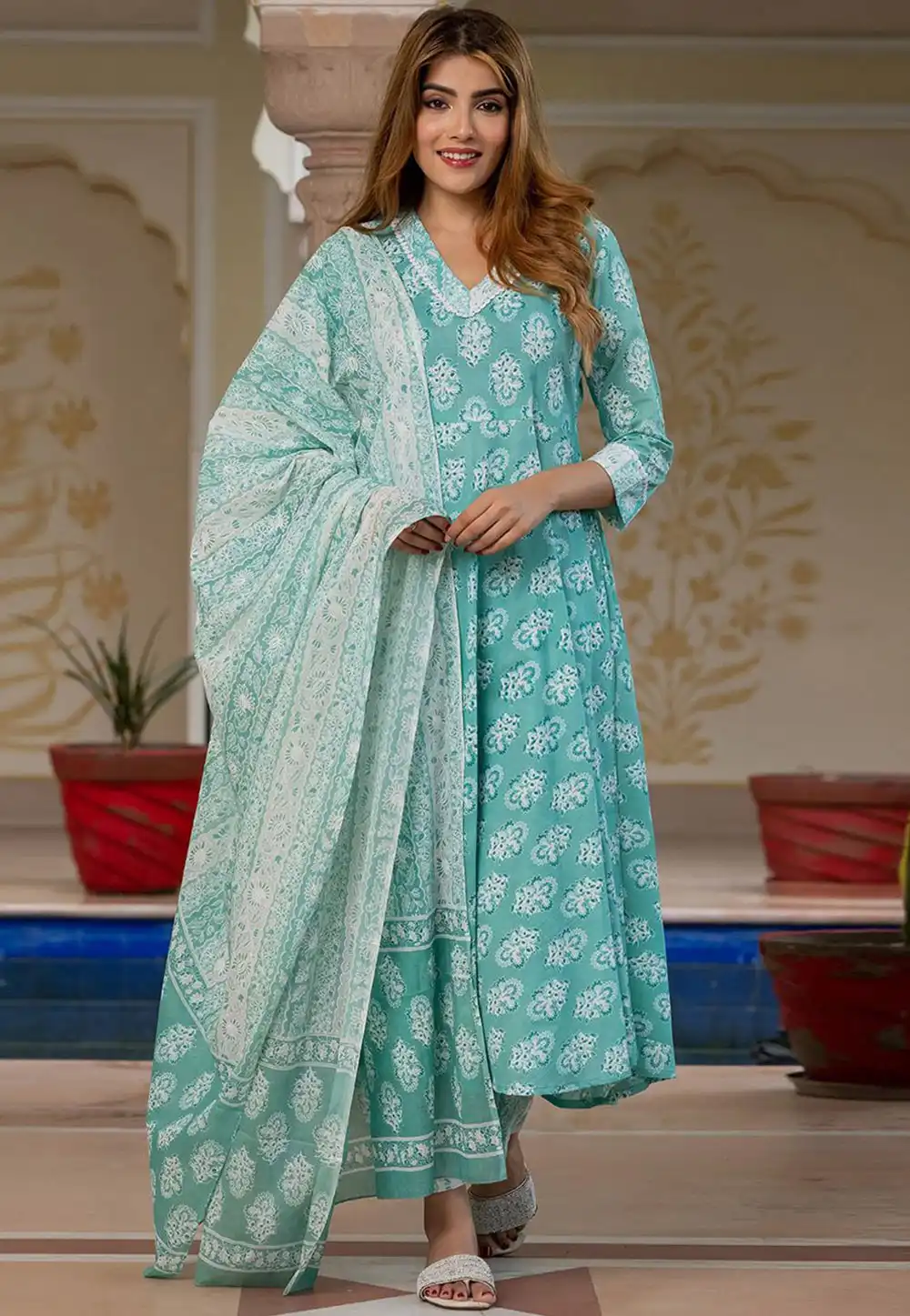 Sea Green Cotton Readymade Anarkali Suit 315970