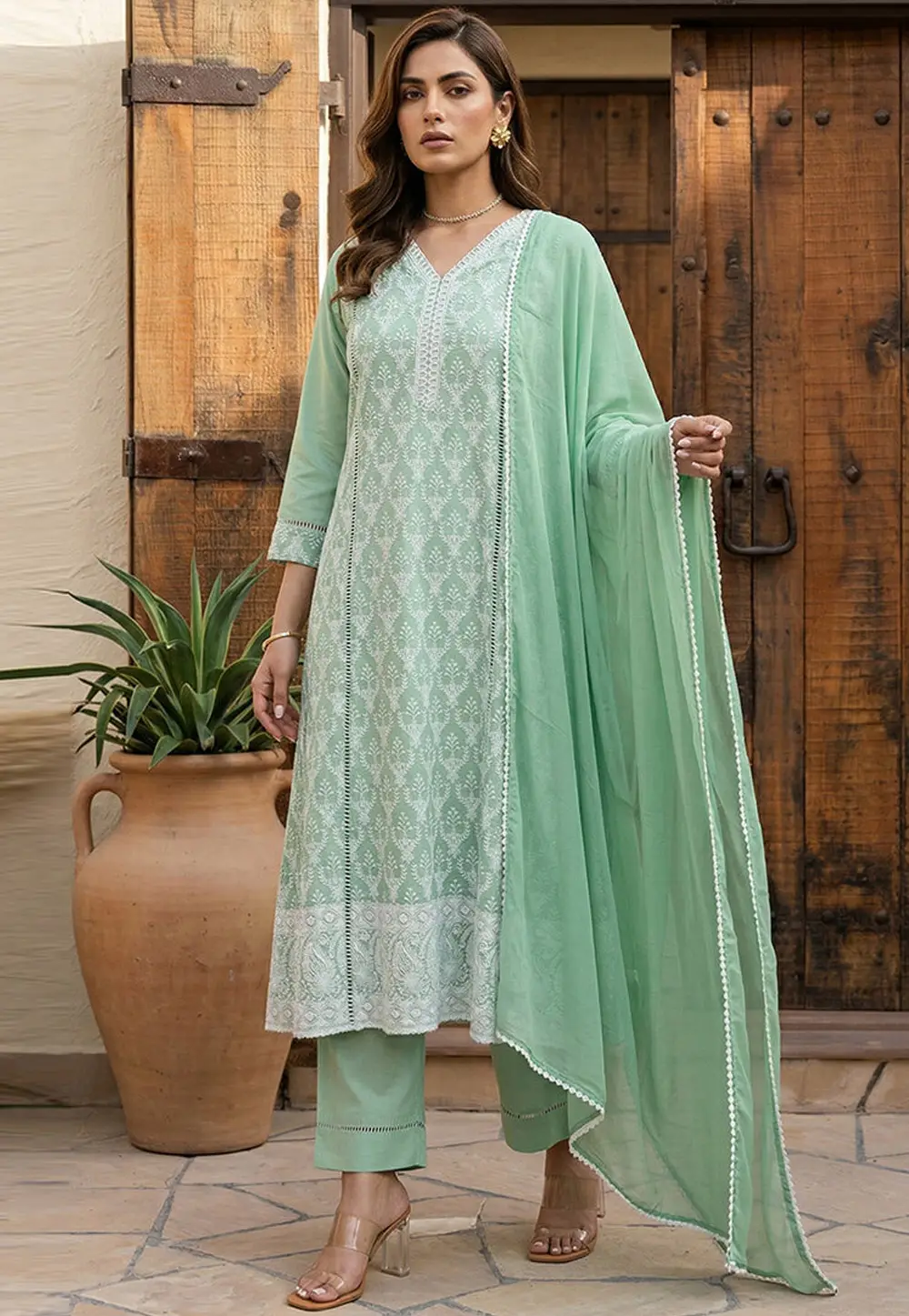 Sea Green Cotton Readymade Anarkali Suit 334205