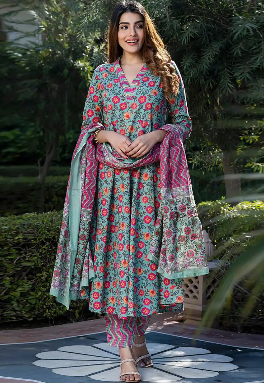 Sea Green Cotton Readymade Pant Style Suit 315963
