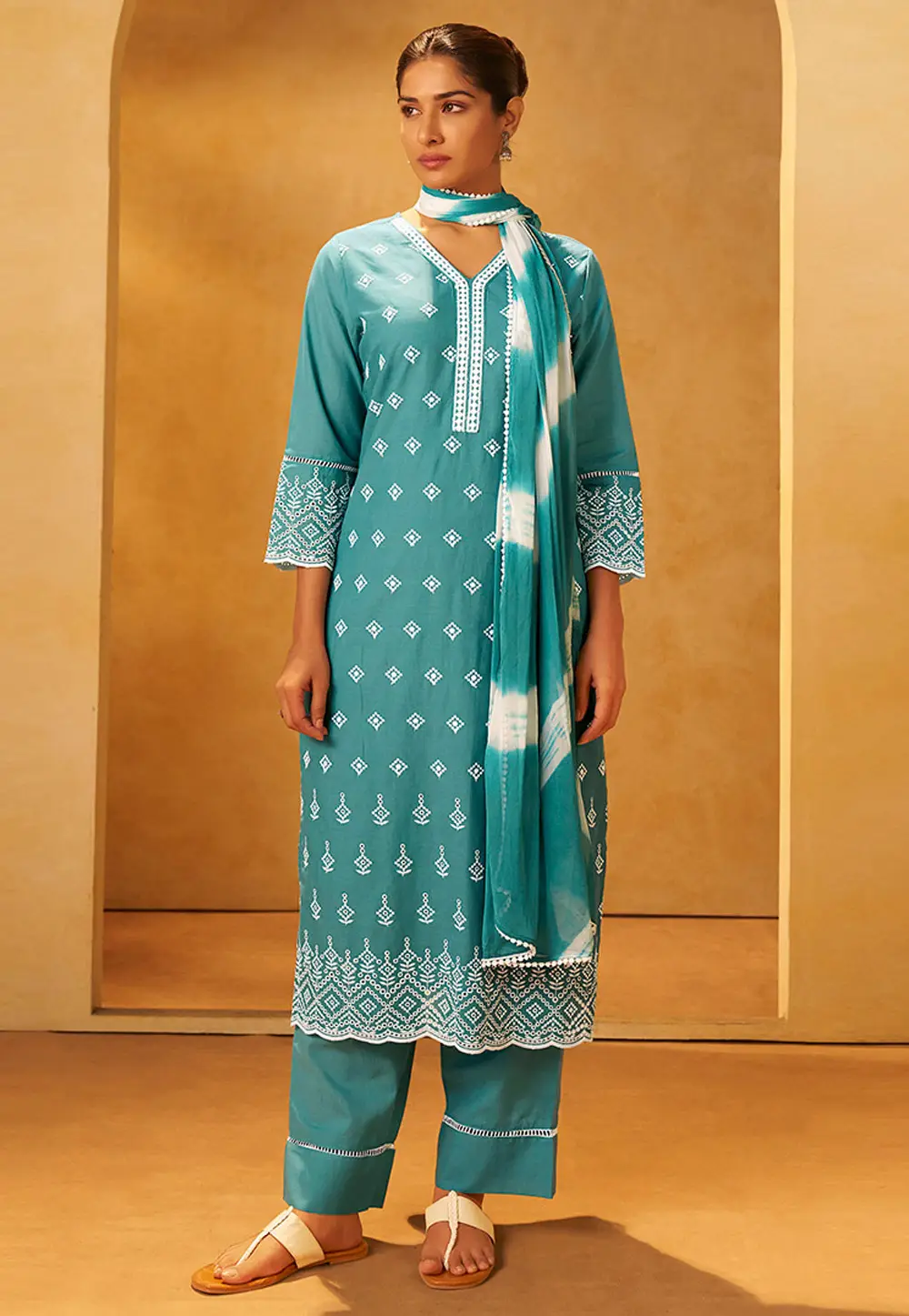 Sea Green Cotton Readymade Pant Style Suit 334185