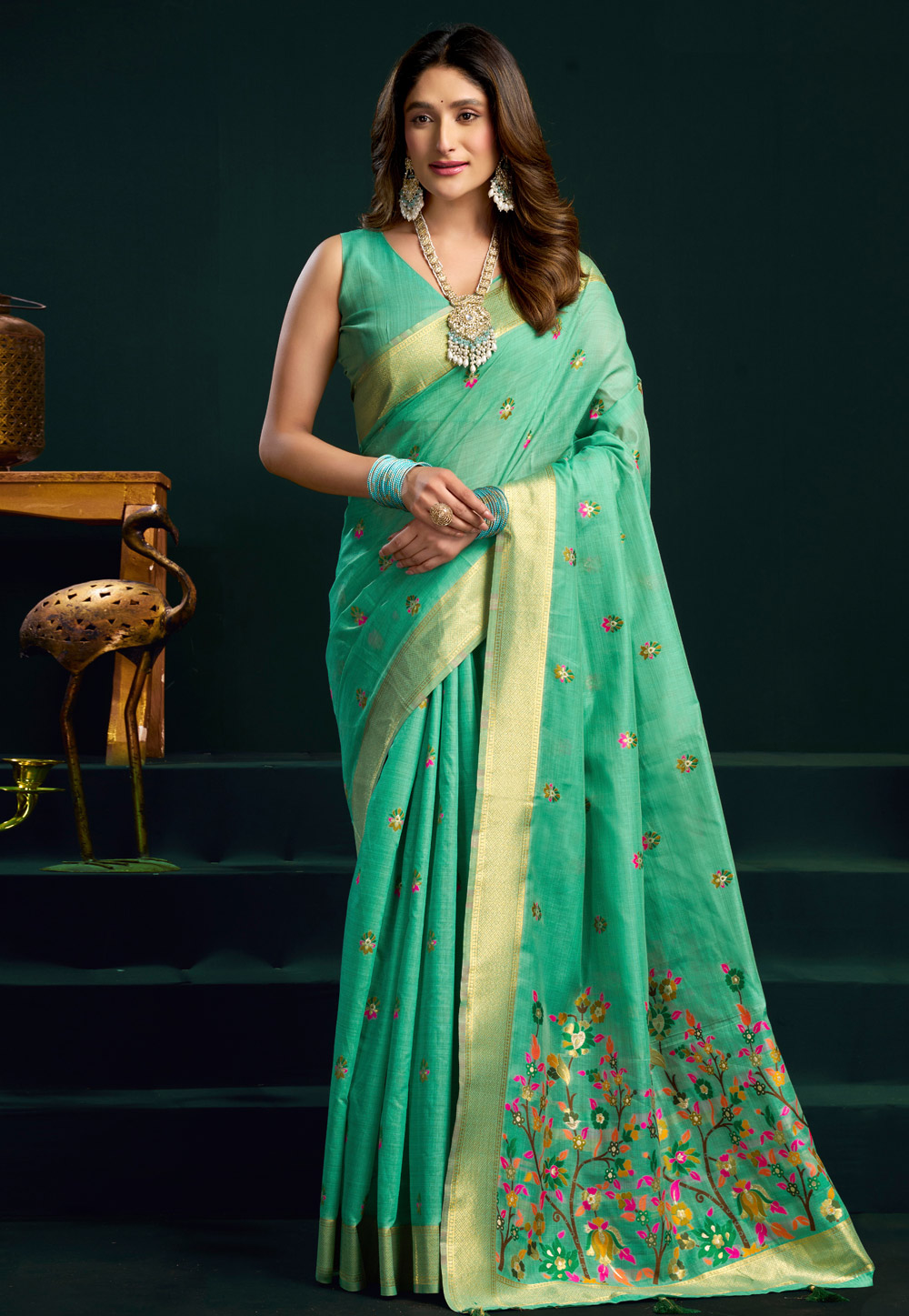 Sea Green Cotton Saree With Blouse 327370