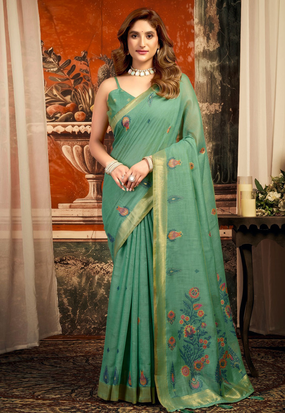 Sea Green Cotton Saree With Blouse 327881