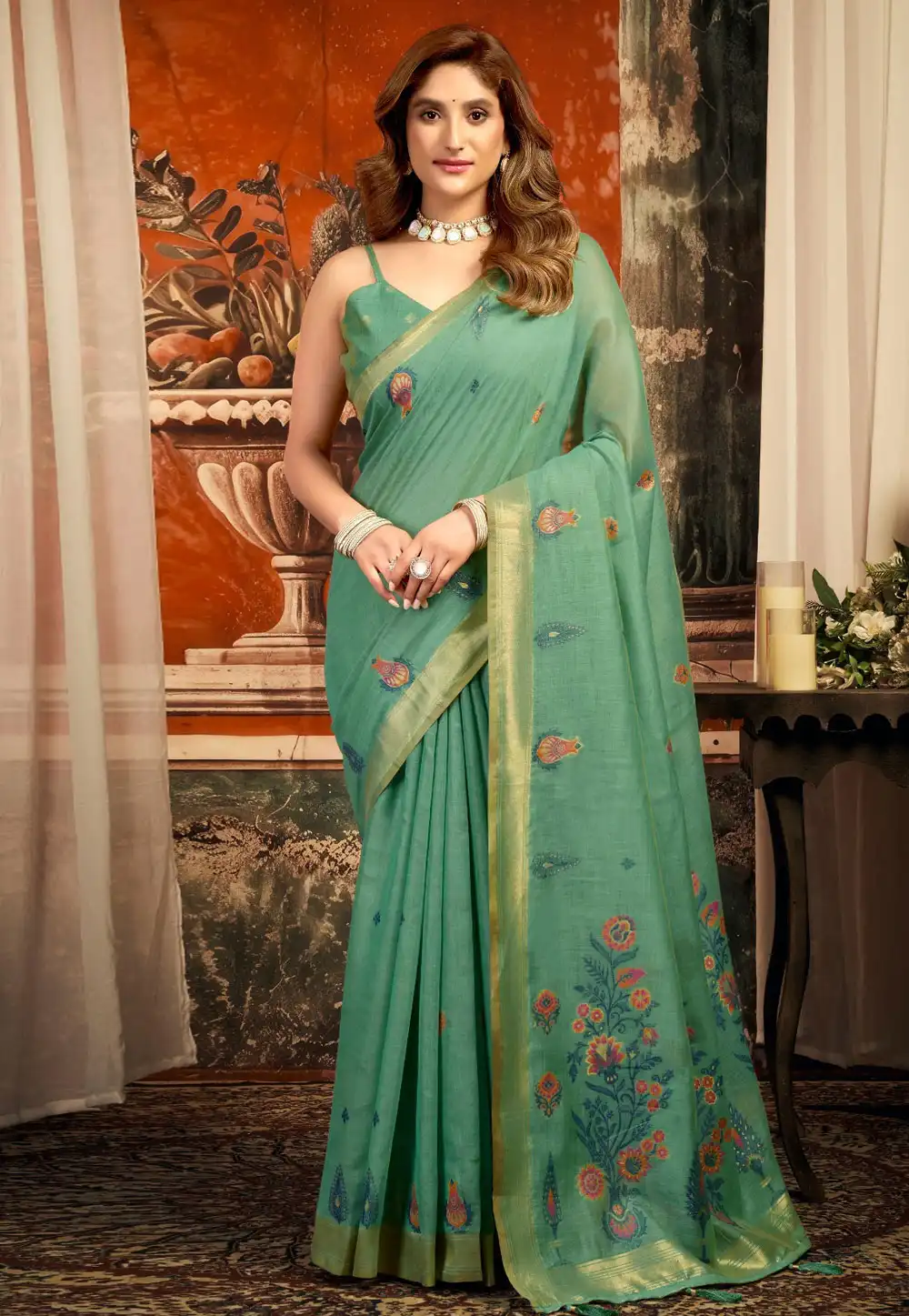 Sea Green Cotton Saree With Blouse 327881