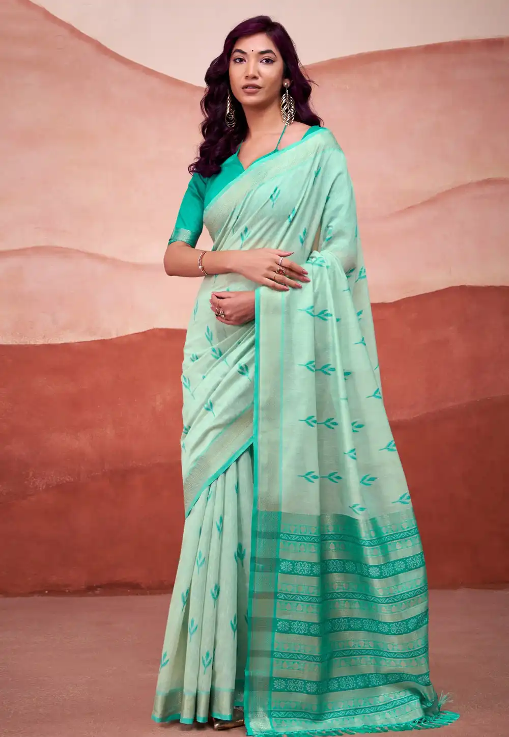 Sea Green Cotton Saree With Blouse 318456