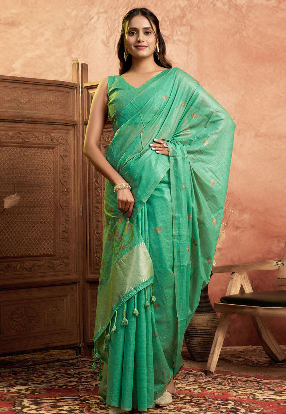 Sea Green Cotton Saree With Blouse 312510