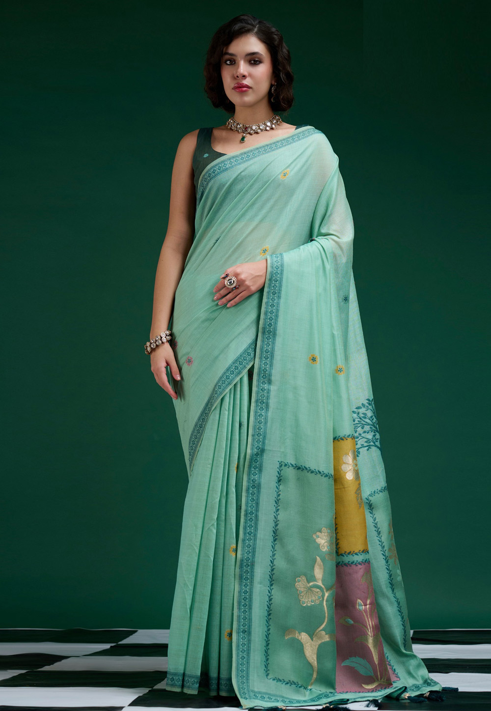Sea Green Cotton Saree With Blouse 328193