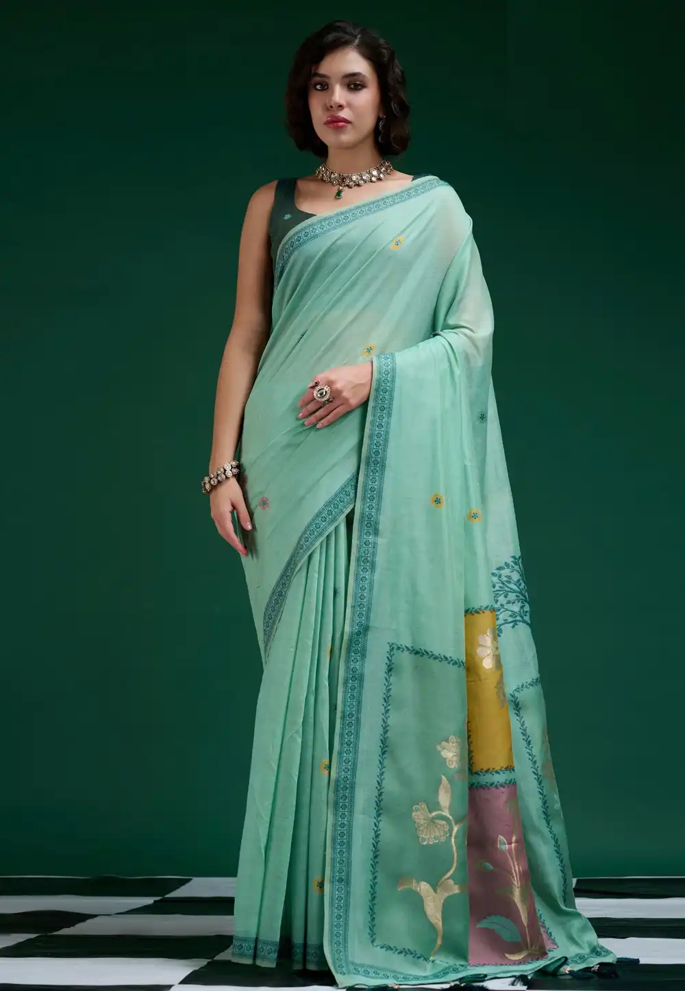 Sea Green Cotton Saree With Blouse 328193