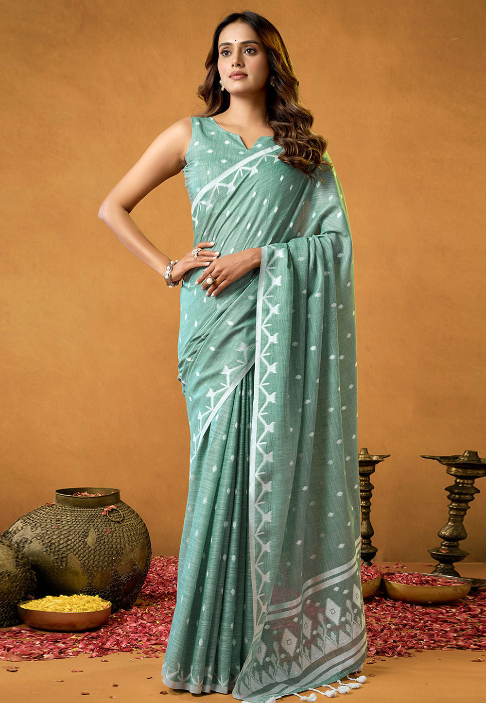 Sea Green Cotton Saree With Blouse 312520