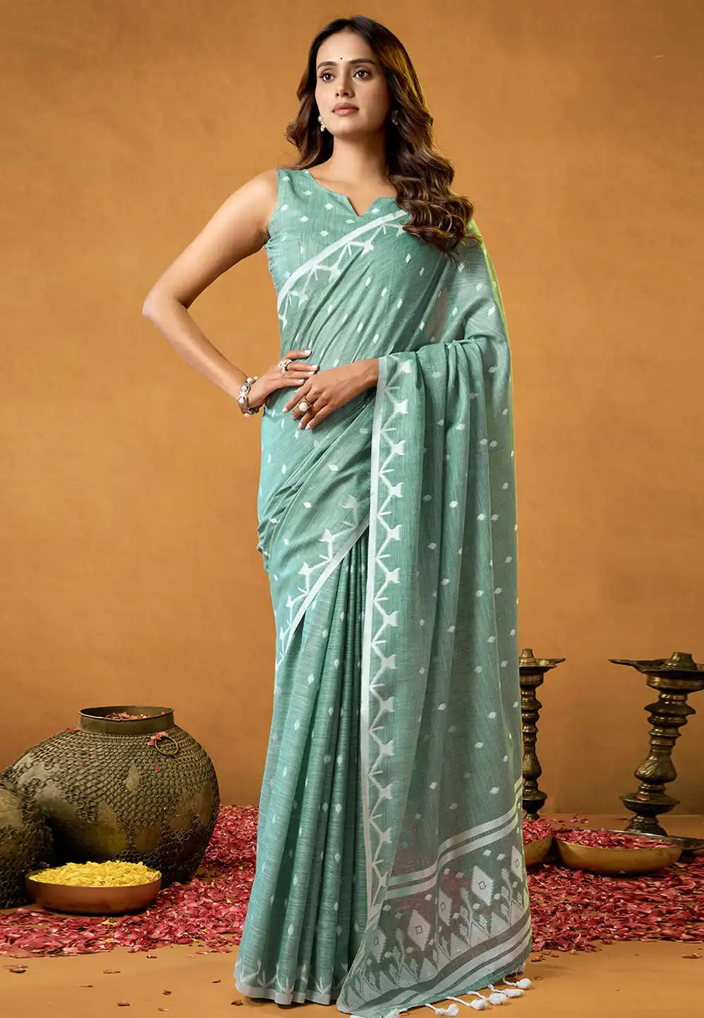 Sea Green Cotton Saree With Blouse 312520