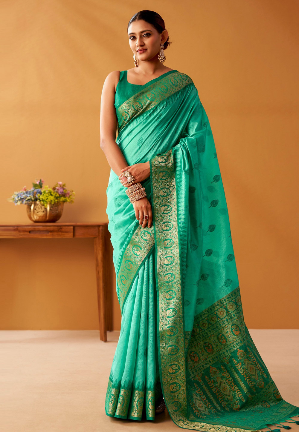 Sea Green Cotton Saree With Blouse 328201