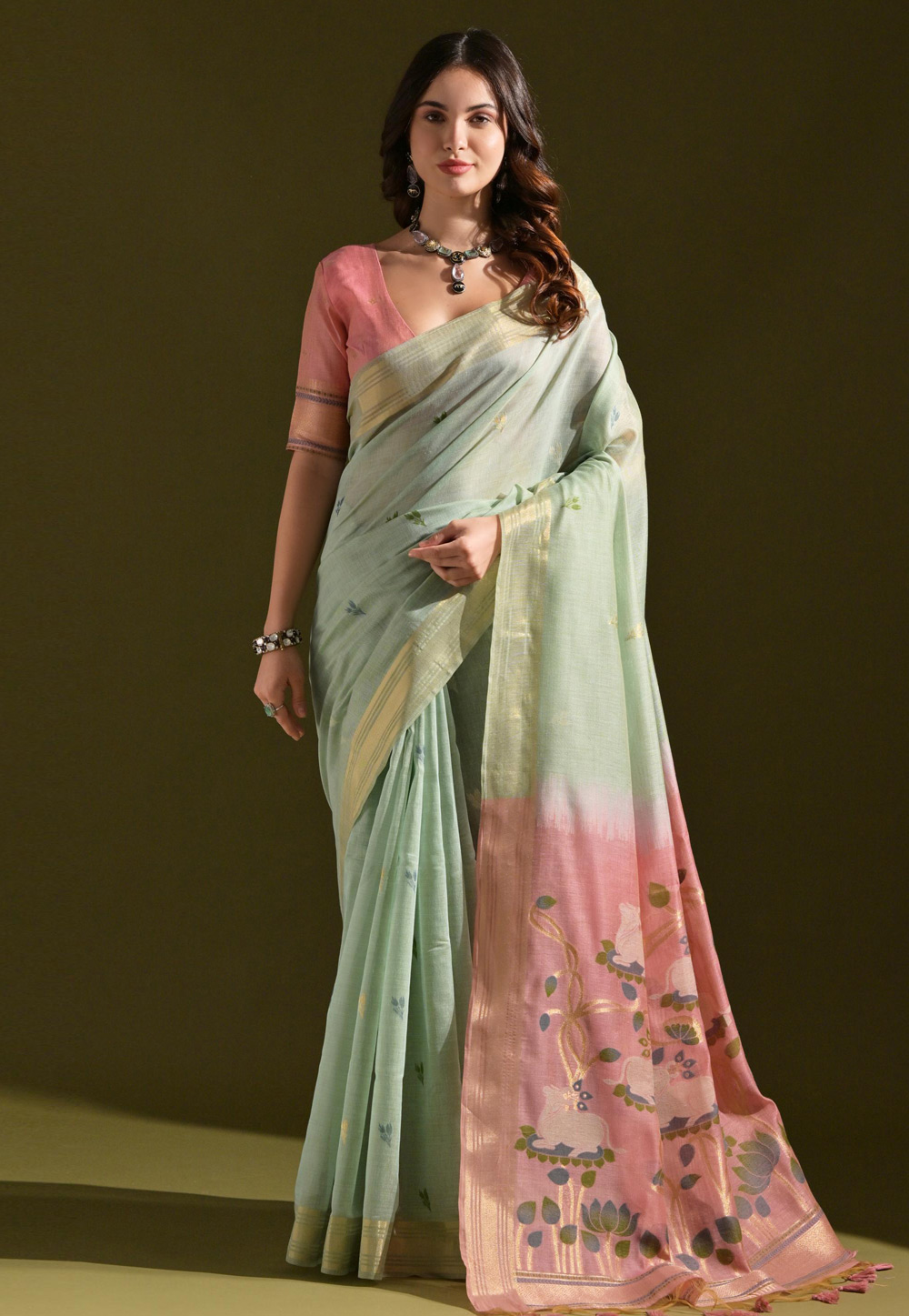 Sea Green Cotton Saree With Blouse 318025
