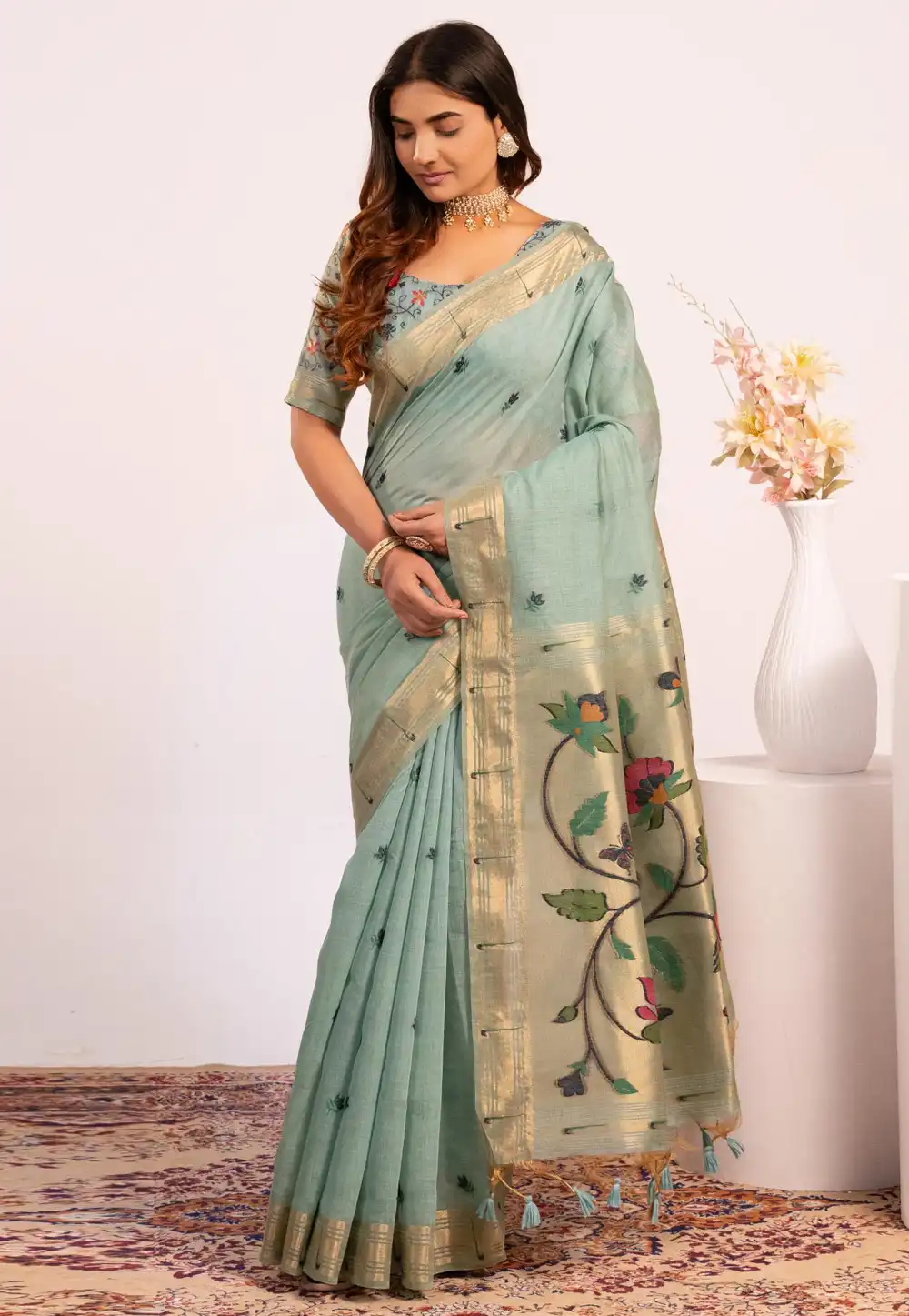 Sea Green Cotton Saree With Blouse 323203