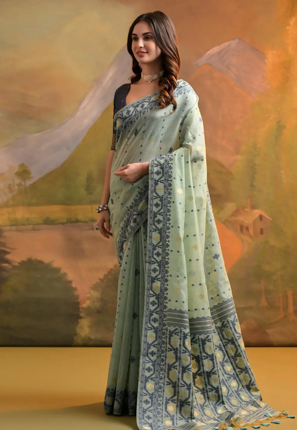 Sea Green Cotton Saree With Blouse 336605