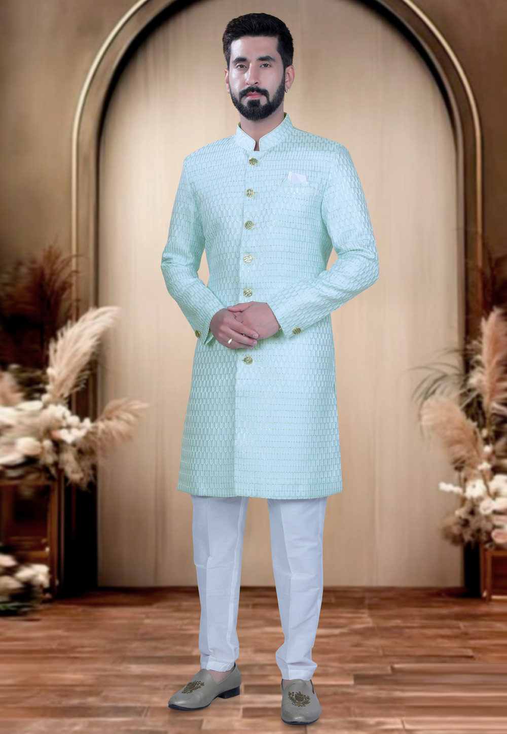 Sea Green Cotton Silk Achkan Style Sherwani 319683