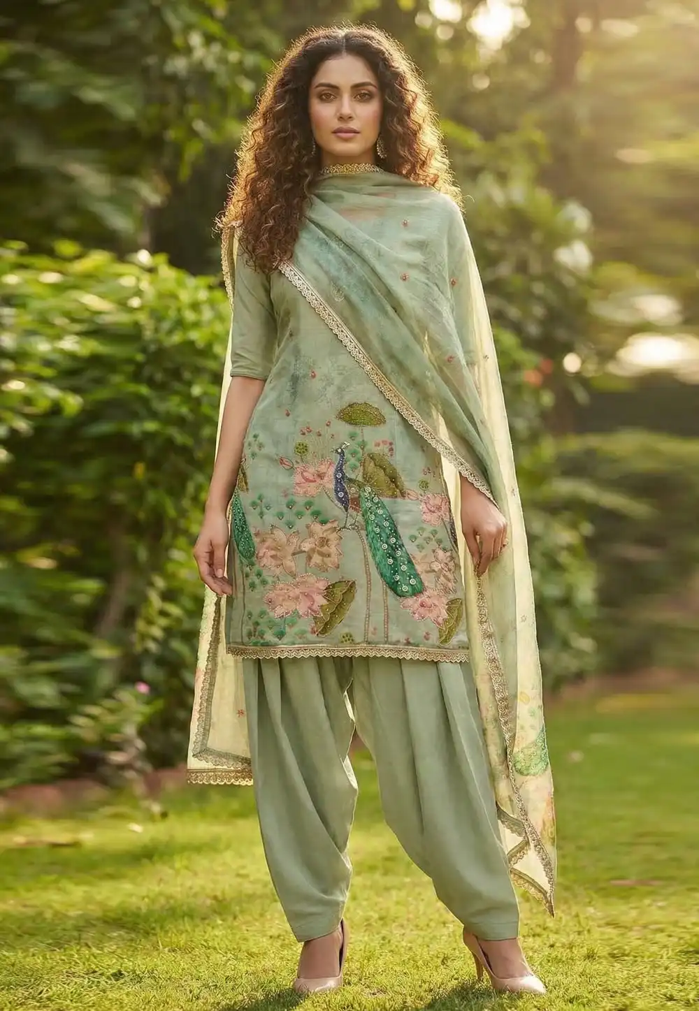 Sea Green Cotton Silk Patiala Suit 326425