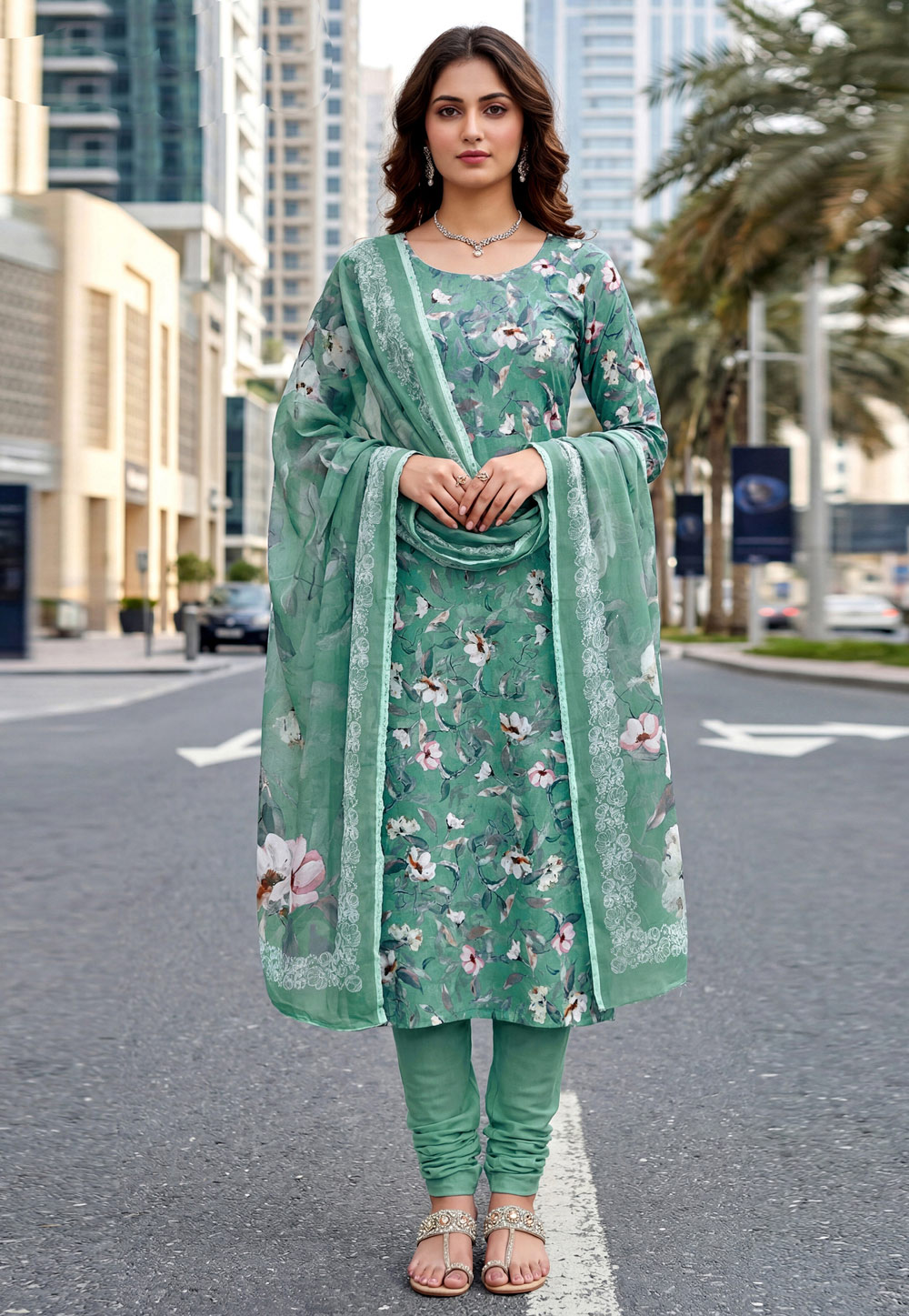 Sea Green Crepe Churidar Suit 328354