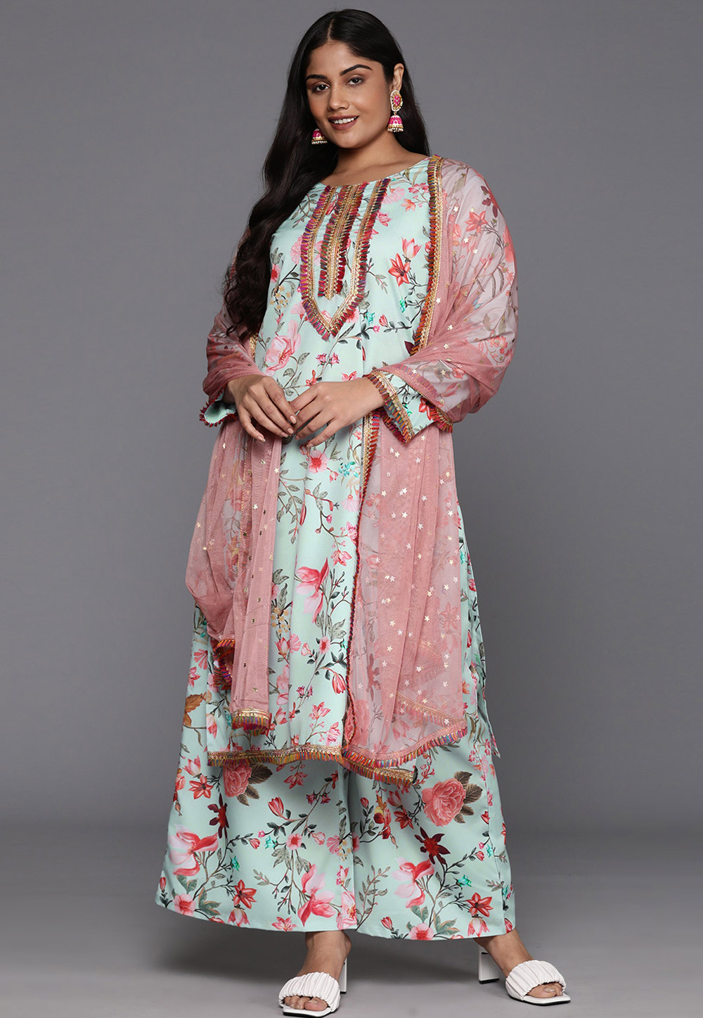 Sea Green Crepe Readymade Pakistani Suit 308896