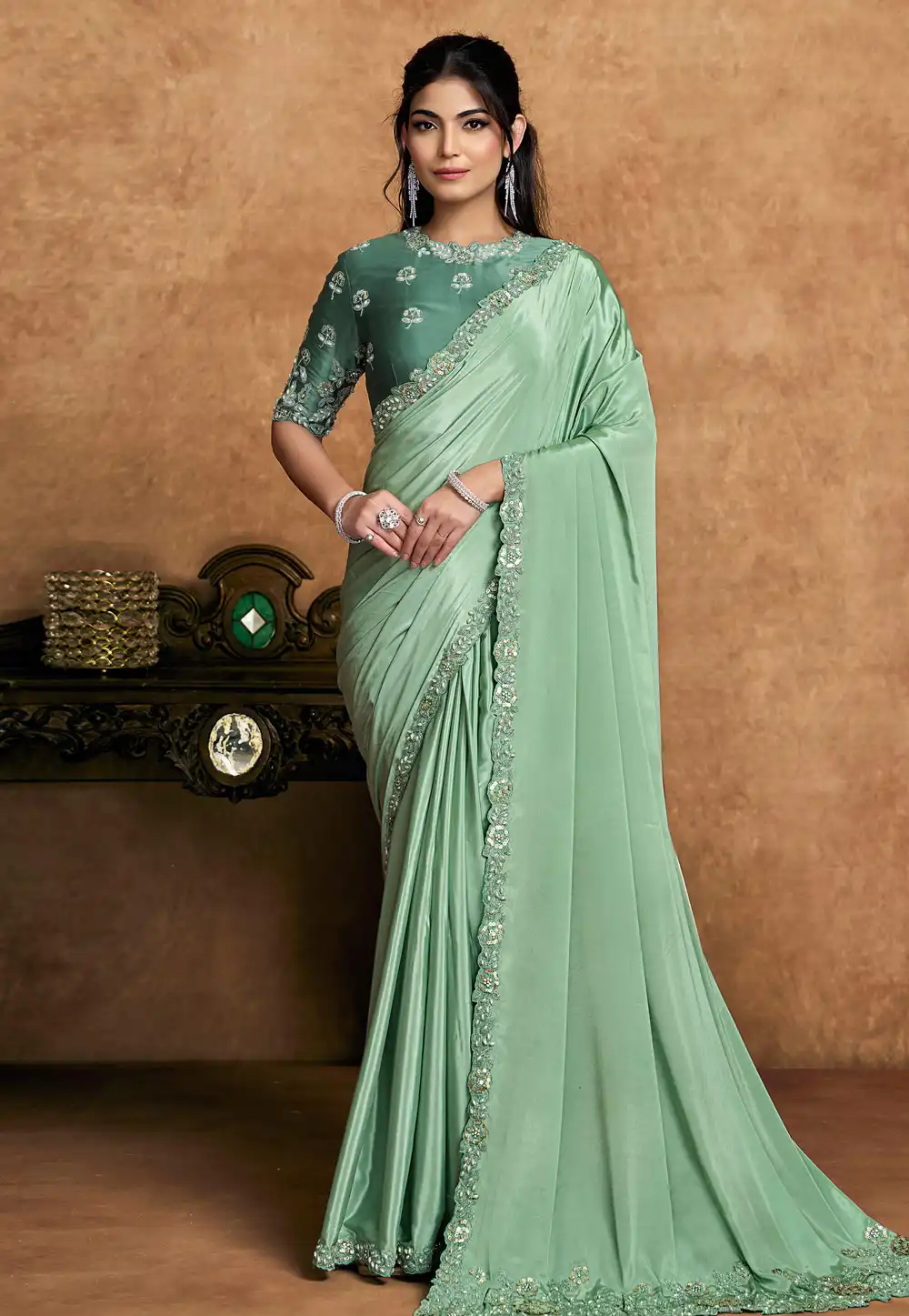 Sea Green Crepe Satin Saree With Blouse 326462