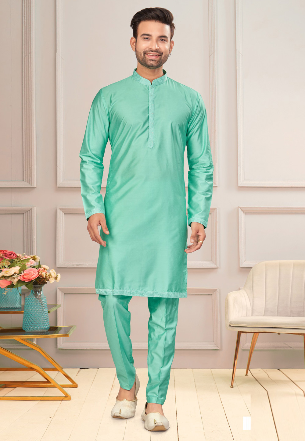 Sea Green Dupion Kurta Pajama 283884