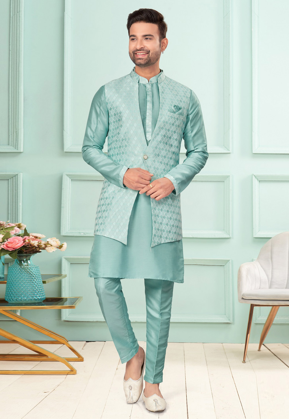Sea Green Dupion Kurta Pajama With Jacket 283886