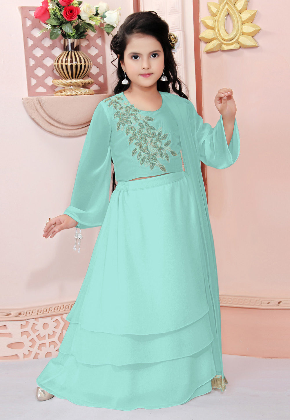 Sea Green Faux Georgette Kids Lehenga Choli 312254