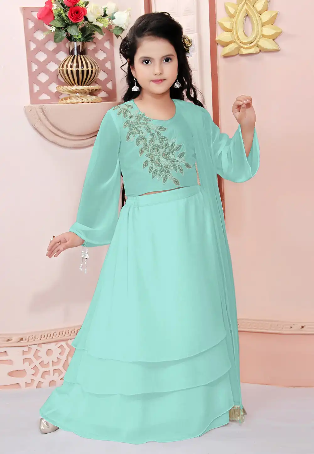 Sea Green Faux Georgette Kids Lehenga Choli 312254