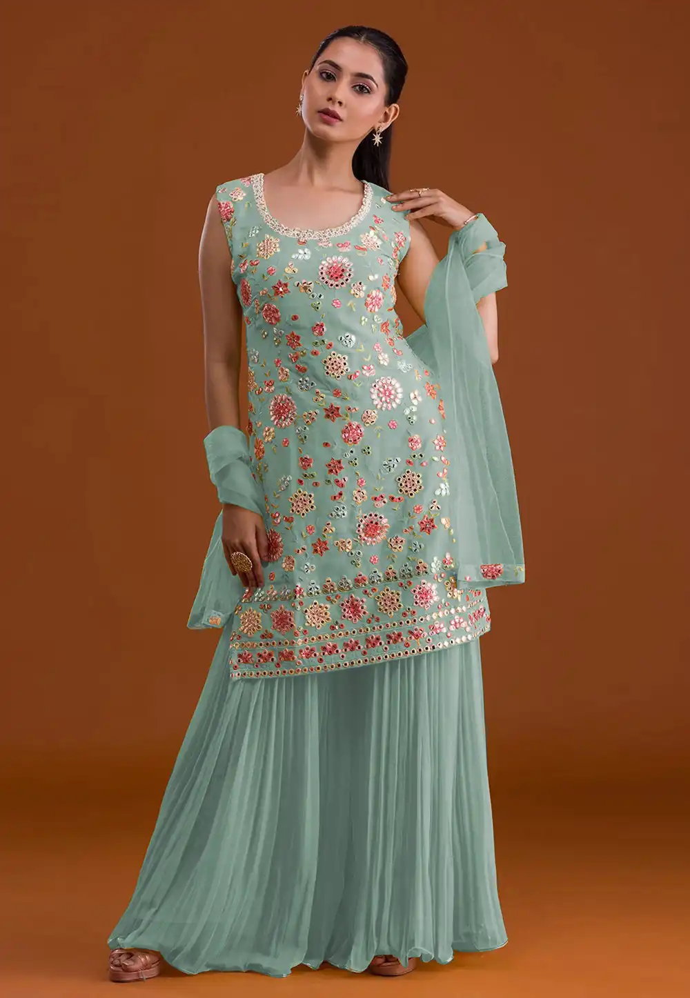 Sea Green Faux Georgette Palazzo Suit 316676