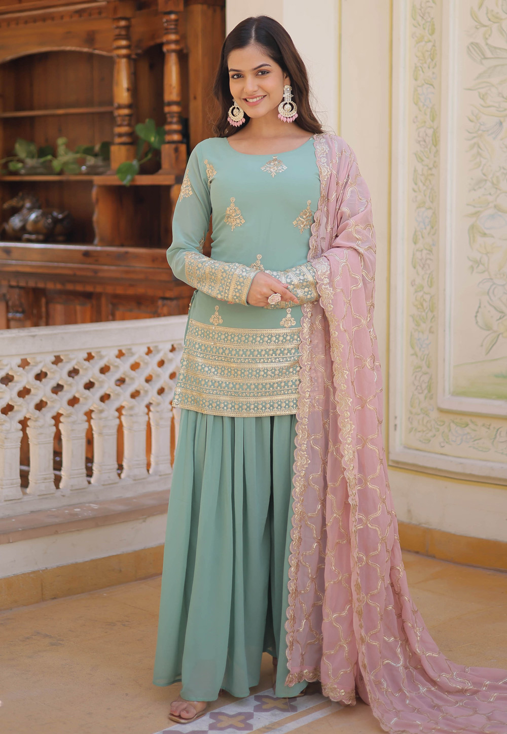 Sea Green Faux Georgette Readymade Gharara Suit 280752