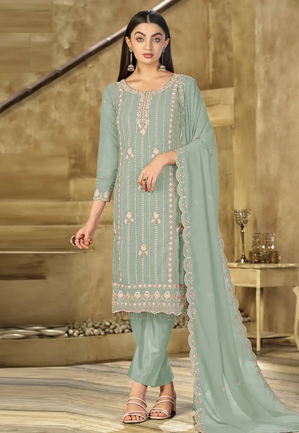 Sea Green Faux Georgette Straight Suit 316832