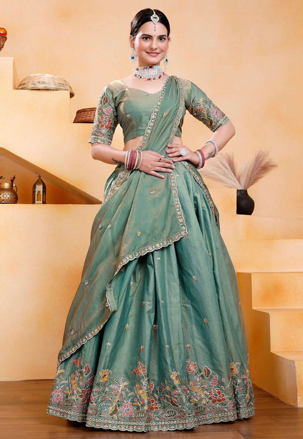 Sea Green Georgette Circular Lehenga Choli 306933