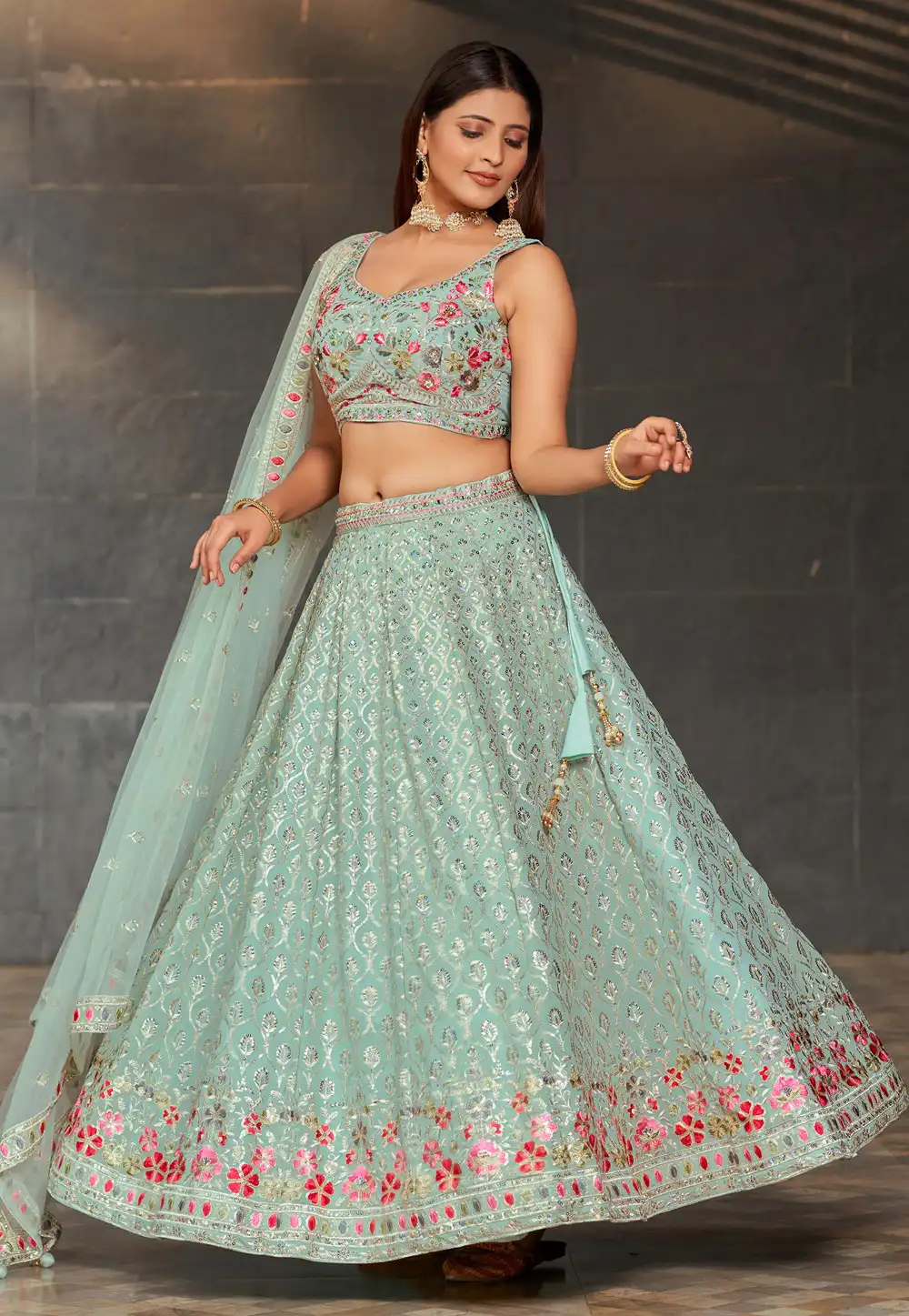 Sea Green Georgette Circular Lehenga Choli 282059