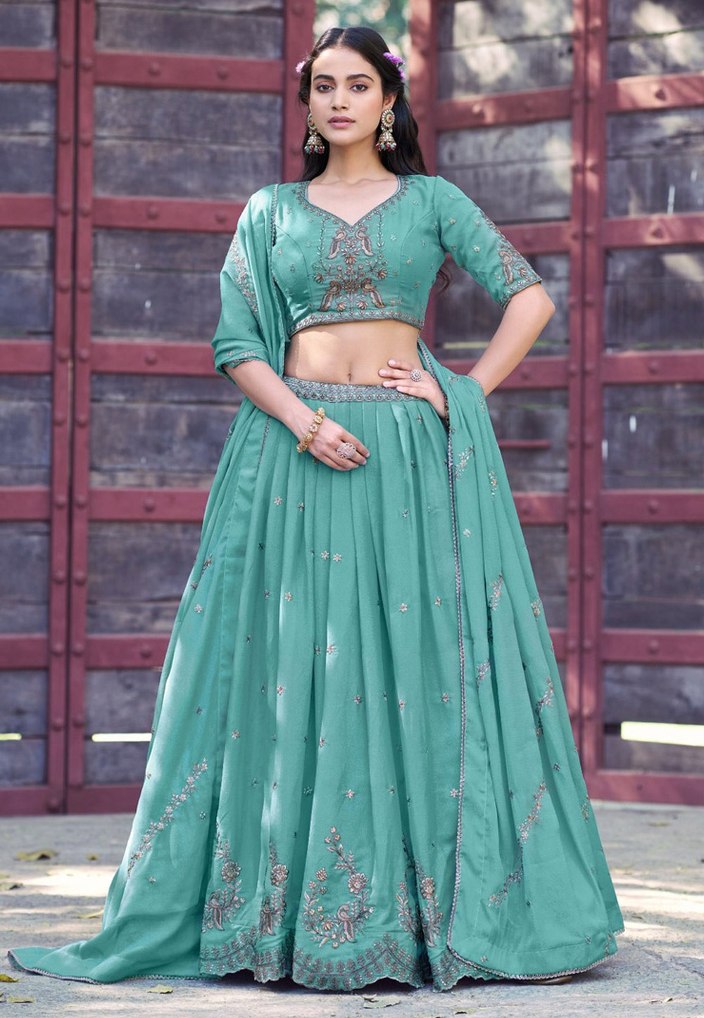 Sea Green Georgette Circular Lehenga Choli 327805