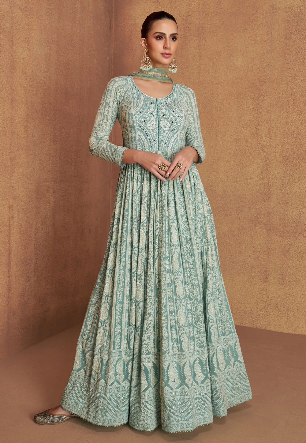 Sea Green Georgette Embroidered Long Anarkali Suit 320522
