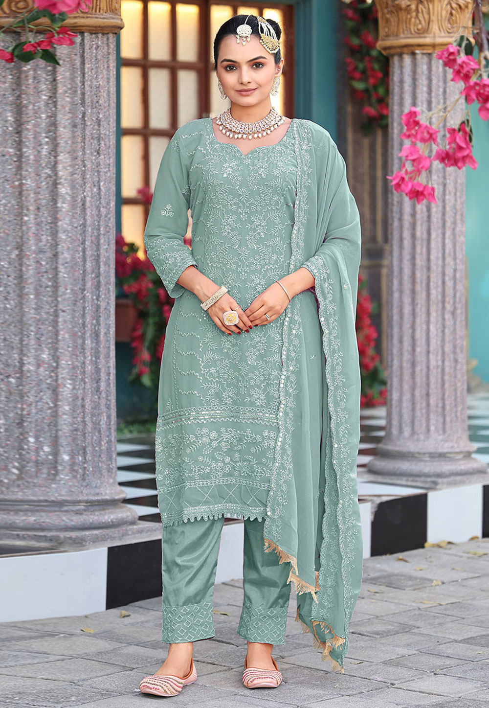 Sea Green Georgette Embroidered Pakistani Suit 319585