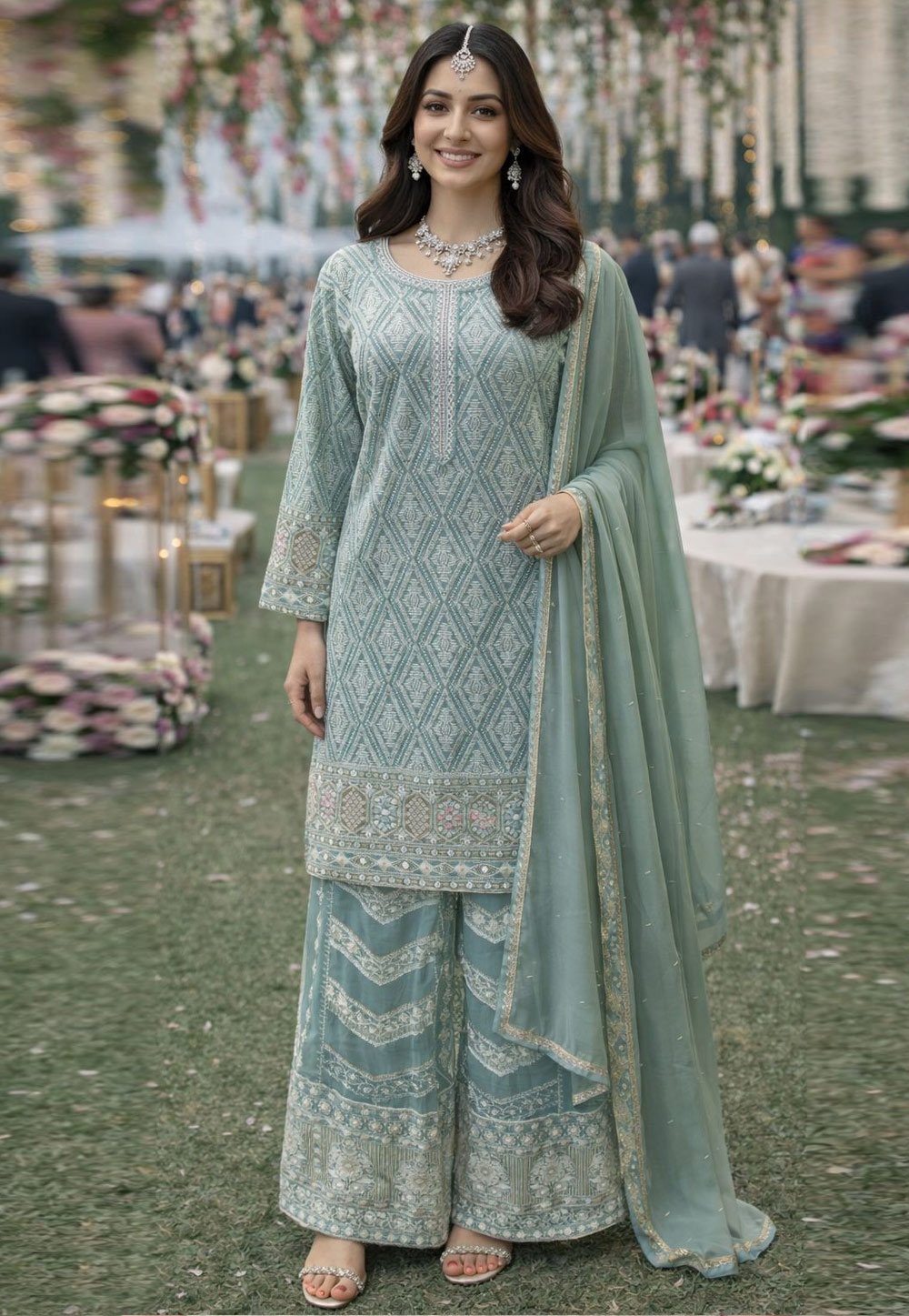 Sea Green Georgette Embroidered Palazzo Suit 327980