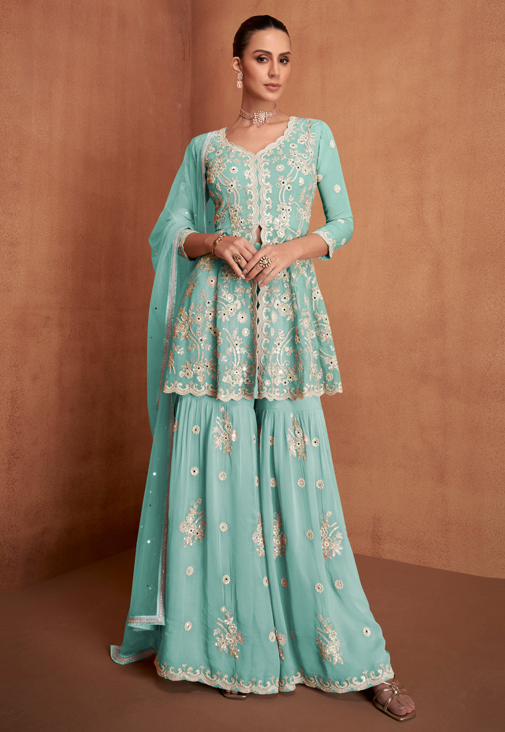 Sea Green Georgette Gharara Suit 324908