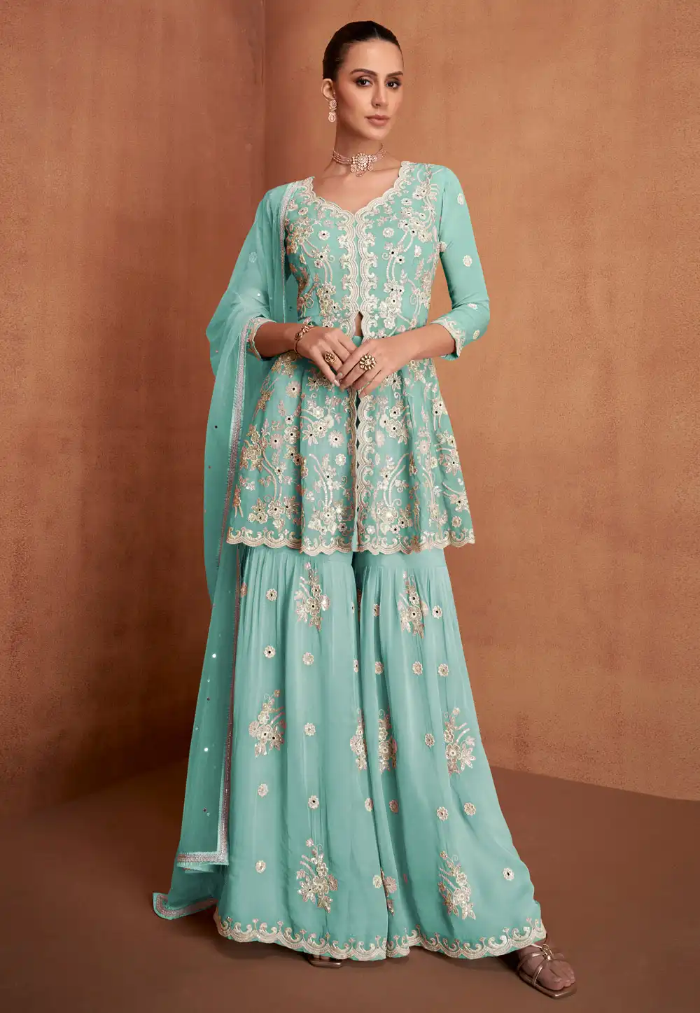Sea Green Georgette Gharara Suit 324908