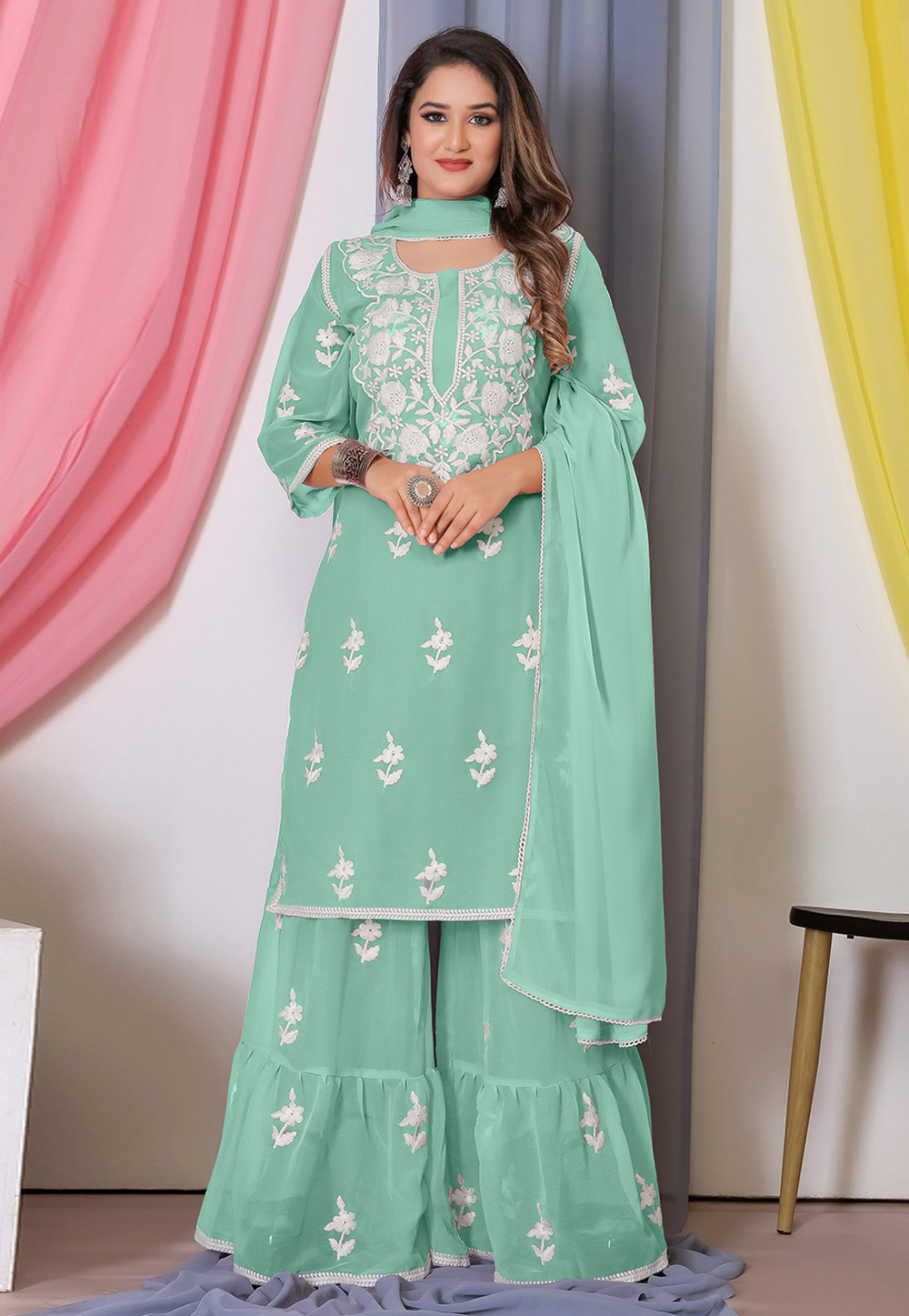 Sea Green Georgette Gharara Suit 282371