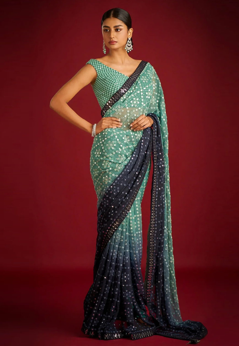 Sea Green Georgette Half N Half Saree 308955
