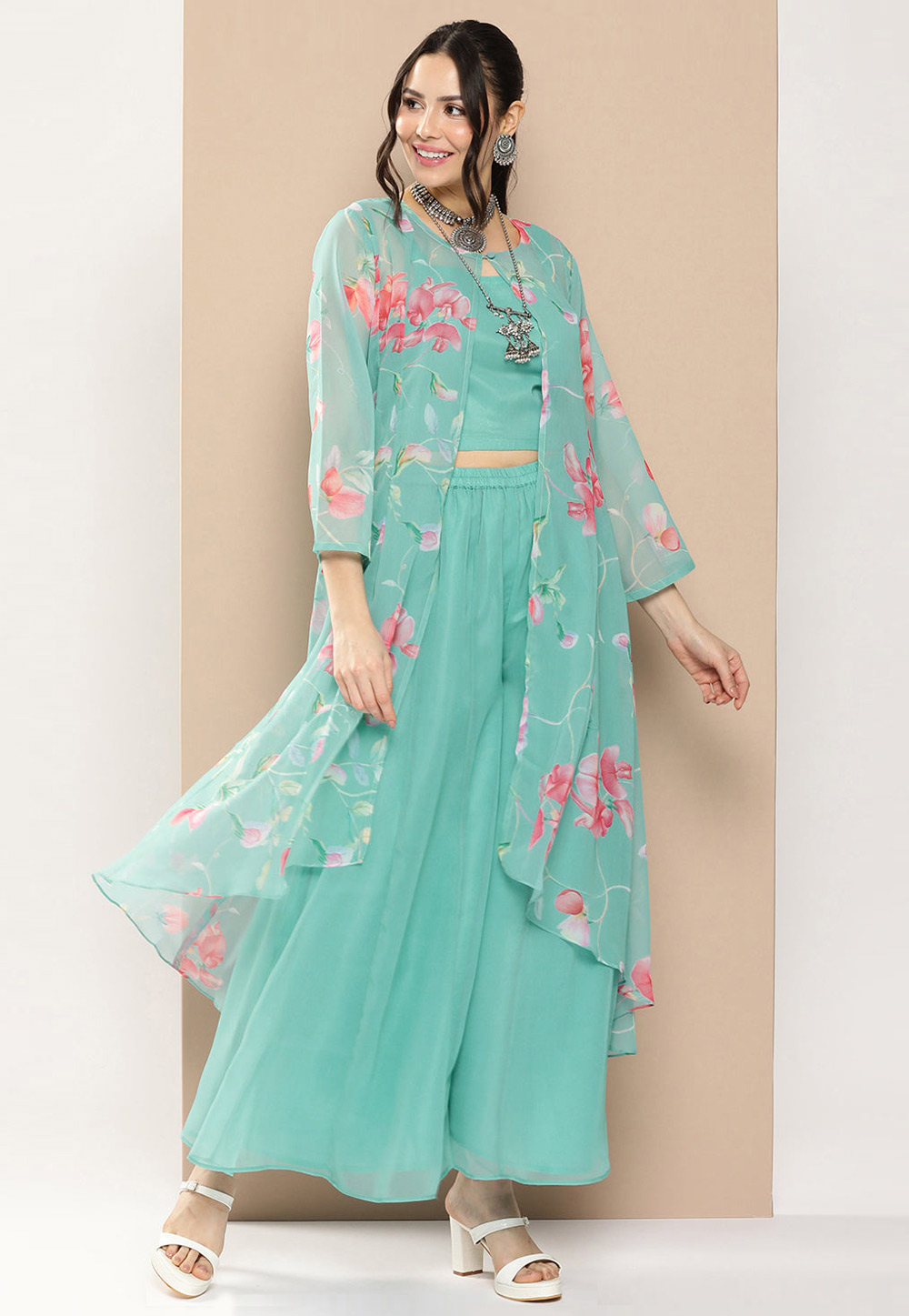 Sea Green Georgette Kurta Set With Jacket 281415