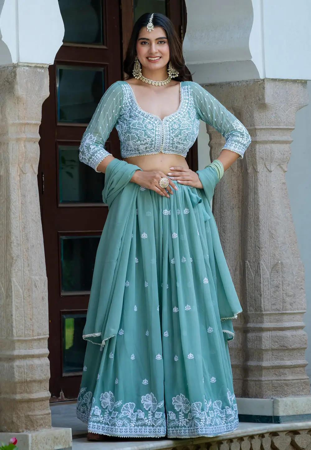 Sea Green Georgette Lehenga Choli 332108