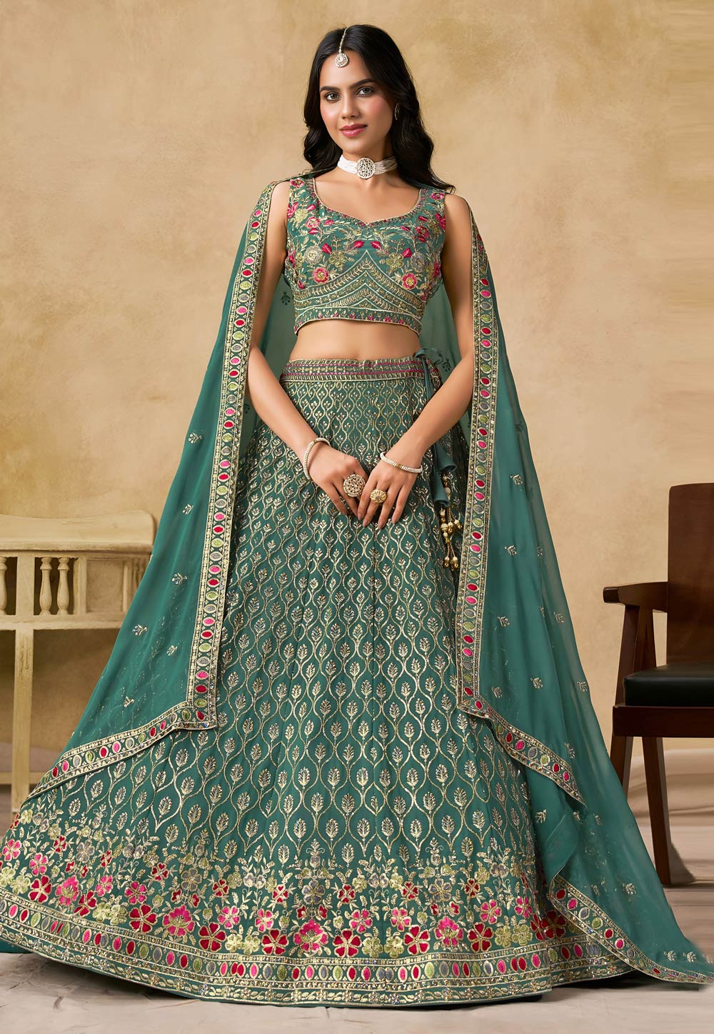 Sea Green Georgette Lehenga Choli 320375