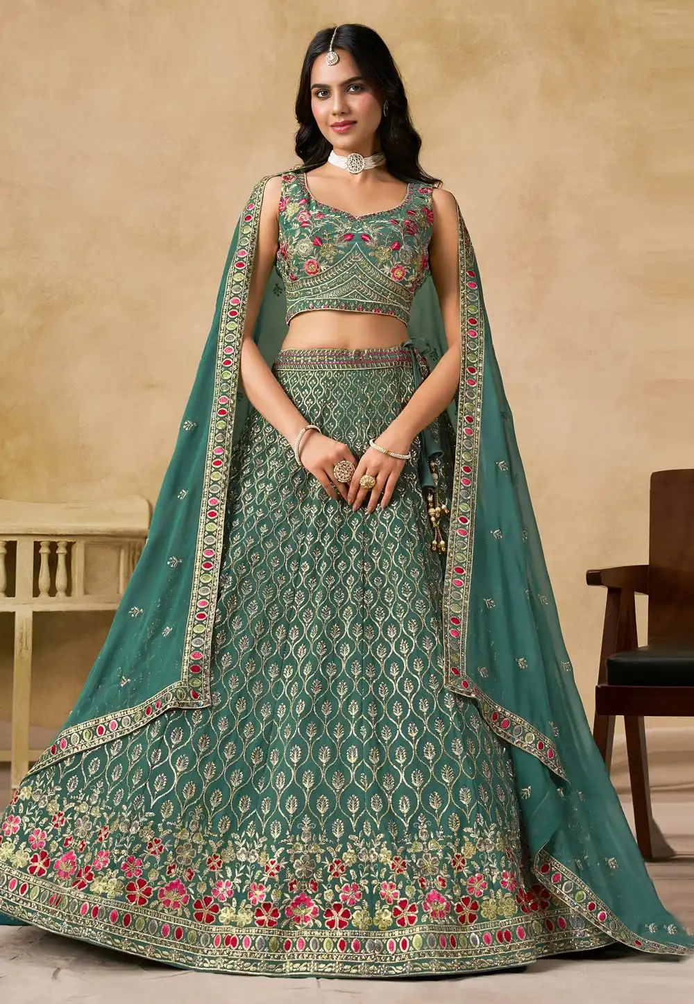 Sea Green Georgette Lehenga Choli 320375