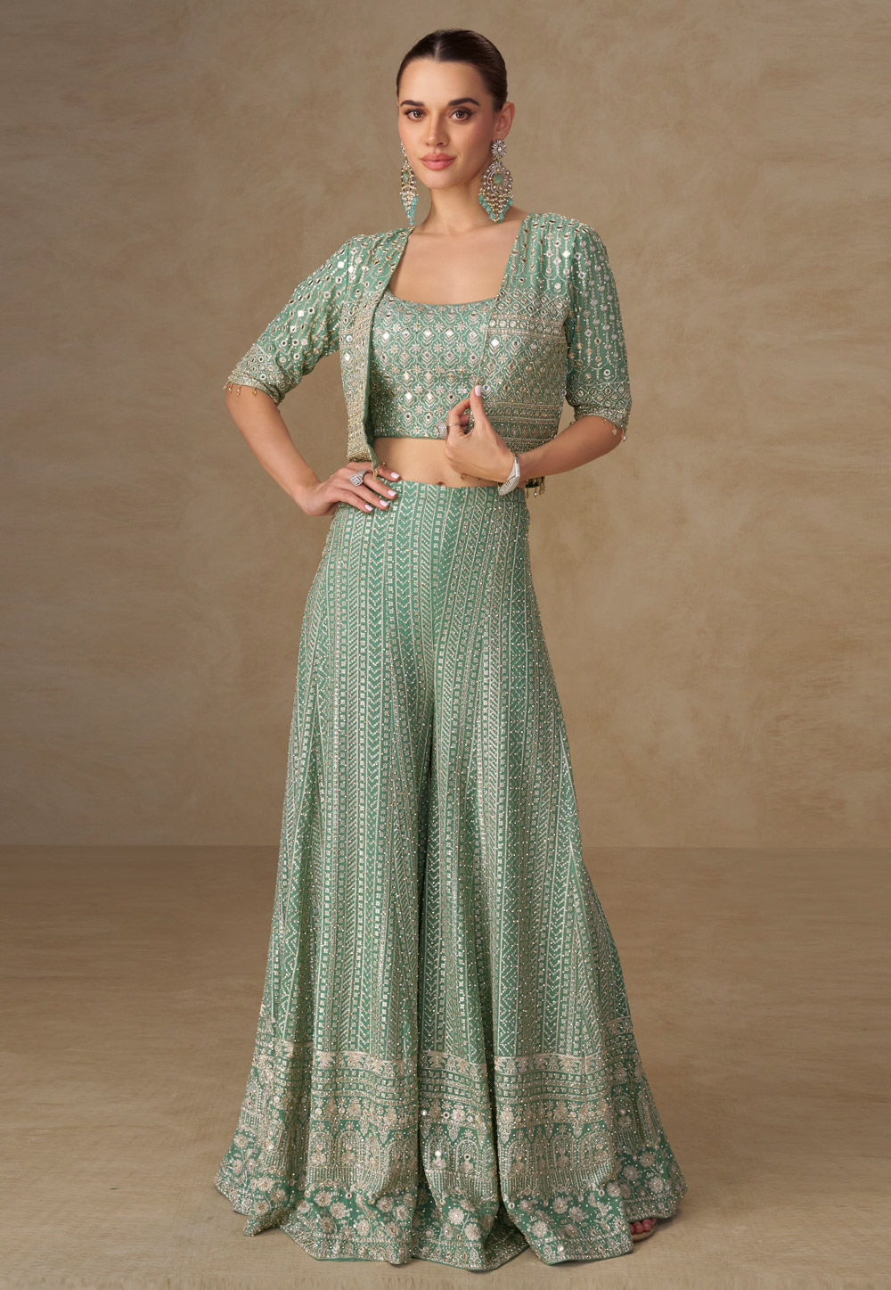Sea Green Georgette Palazzo With Crop Top 319912